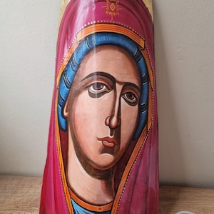 Theotokos Virgin Mary- orthodox icon handpainted  on a vintage ceramic tile - 12 by  7 inches