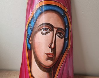 Theotokos Virgin Mary- orthodox icon handpainted  on a vintage ceramic tile - 12 by  7 inches
