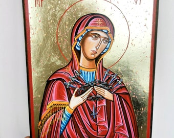 Our Lady of Sorrows Madonna, Virign Mary wth Seven Swords - handpainted orthodox  icon 8 by 10 inches - Ready to Ship