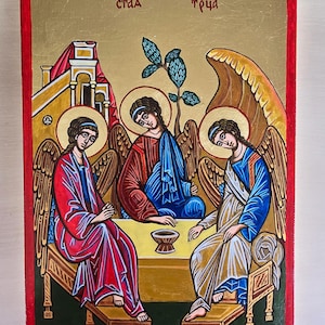 The Holy Trinity icon, Three Angels painting,  Hospitality of Abraham icon, Wedding Gift, Baptism Gift,  7 1/2 x 11 1/2  inches