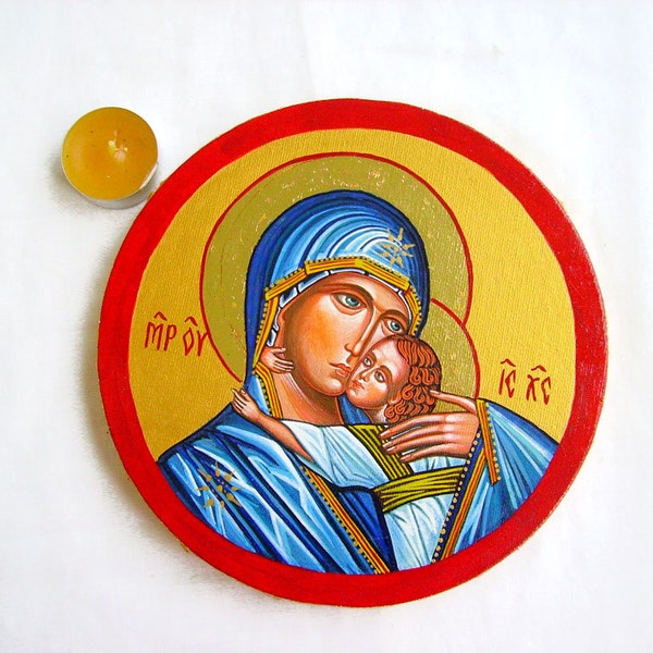 Madonna with Christ Child - original handpainted icon on canvas, Byzantine style - 8 inches diameter