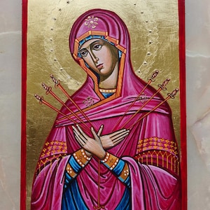 Our Lady of Sorrows Madonna, Virign Mary wth Seven Swords - handpainted orthodox  icon 8 by 10 inches - Ready to Ship