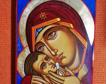 Mother and child, Eleusa - handpainted orthodox icon on wood,  Byznatine style,8 by 6 inches