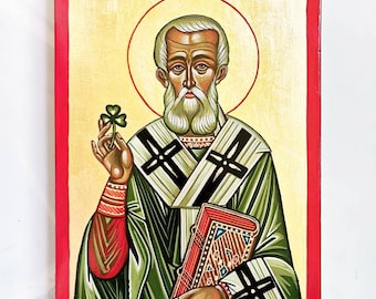 Saint Patrick with shamrock, hand painted icon original, 10x12 inches Made to order