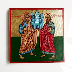 Pedro y Pablo los Apóstoles, icono original pintado a mano sobre lienzo - 7 1/2 pulgadas cuadradas
