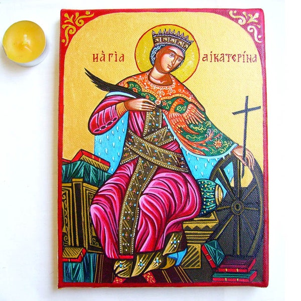St Catherine, St Ekaterina, Hagia Aikaterinh, handpainted original icon on canvas, 9  1/2 by 7 inches