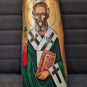 St Patrick handpainted icon on ceramic tile, original, 12 1/2 by 6 inches