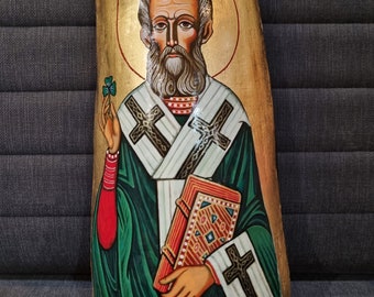 St Patrick handpainted icon on ceramic tile, original, 12 1/2 by 6 inches