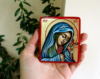 Virgin Mary and Christ handpainted icon, Mourning Madonna Icon, original orthodox miniature 3 1/2 by 3 inches