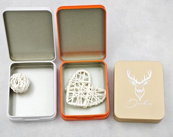 Lata grabada personalizada, pequeña caja de metal con tapa, blanca, naranja y amarilla, regalo grabado con láser.