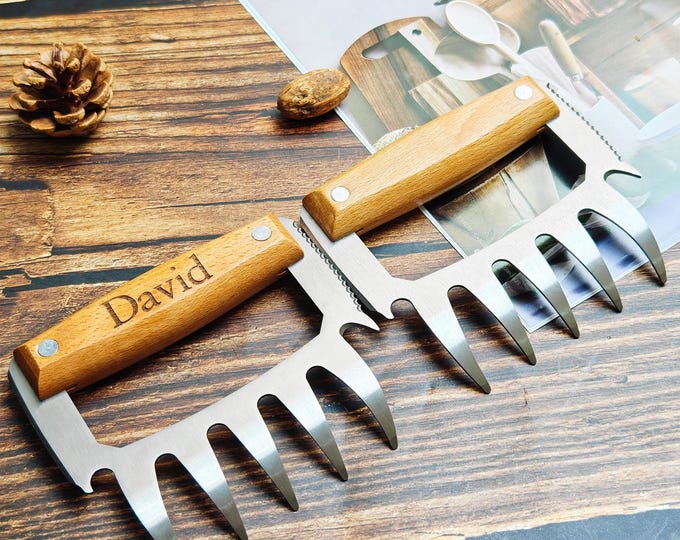 Personalized BBQ Meat Claws: Stainless Steel & Acacia Wood