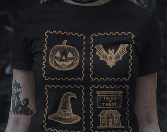 Camiseta vintage con sellos de Halloween: Ropa de otoño espeluznante