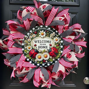 Ladybug Wreath, Spring wreath, Summer wreath, Farmhouse Porch Decor, Red and Black Wreath