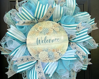 Corona de bienvenida costera, decoración para la puerta de la casa de playa, corona de malla azul verdoso, corona de verano de estrellas de mar, decoración náutica para la puerta principal