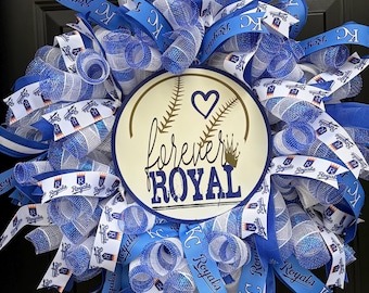 Ghirlanda dei Kansas City Royals, Ghirlanda di baseball Forever Royal, Decorazione per la porta dei KC Royals, Ghirlanda per appassionati di sport, Decorazione MLB, Ghirlanda blu e bianca per la porta d'ingresso
