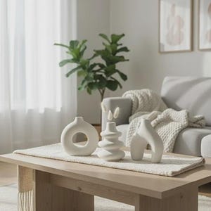 Può includere: Tre vasi in ceramica bianca di varie forme sono appoggiati su un tavolino da caffè in legno chiaro. I vasi includono un vaso a forma di ciambella, un vaso ad anelli impilati e un vaso a forma di arco. Un tappeto e un divano dai toni neutri sono sullo sfondo.