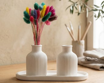 Juego de jarrones de hormigón blanco acanalado, centro de mesa ovalado moderno, diseño minimalista para la decoración del hogar, exhibición decorativa de 3 piezas, regalos únicos