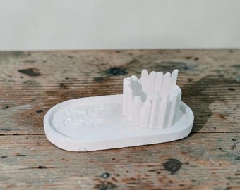 Juego de bandeja de piedra blanca hecha a mano, portavelas de cristal, expositor floral decorativo barnizado, regalo moderno y rústico para el hogar.