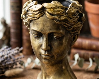 Maceta artesanal dorada con forma de diosa griega, jarrón con forma de busto de piedra en polvo, bandeja multiusos para la entrada, joyero único, regalo de decoración antigua para el hogar.