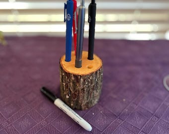 Rustic Wood Log Pen Holder – Handmade Natural Desk Organizer