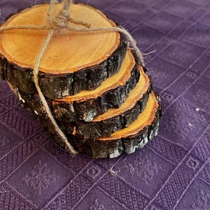 Può includere: Un set di quattro sottobicchieri in legno, ognuno con un bordo in corteccia naturale e una parte superiore liscia di colore marrone chiaro. I sottobicchieri sono impilati e legati insieme con uno spago.