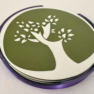 Tree of Life Coaster Set of 3 with Holder – Wooden Coasters Gift Set – Nature Inspired Home Decor – Sacred Geometry Drink Coasters