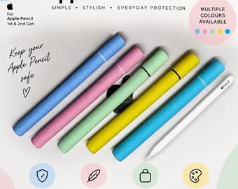 May include: Five cylindrical Apple Pencil cases in light blue, pink, light green, yellow, and bright blue, arranged diagonally next to a white Apple Pencil. The text reads Apple Pencil Case, Simple, Stylish, Everyday Protection, and Keep your Apple Pencil safe.