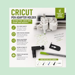 May include: A white Cricut pen adapter holder kit featuring a black L-shaped adjustment tool, a black flat guide, and a green-capped pen. The packaging displays text including CRICUT PEN ADAPTER HOLDER and lists features for machine compatibility.
