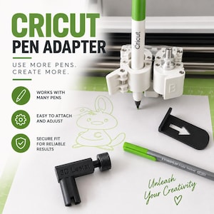 May include: A white plastic Cricut pen adapter installed in a cutting machine, holding a green pen. Includes a black L-shaped 3D Lestat tool, a black flat alignment guide, and a grey Staedtler fineliner pen. Text reads CRICUT PEN ADAPTER.