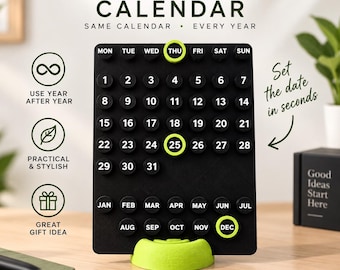 May include: A black perpetual calendar with a lime green base and movable circular markers. The board features white text for days of the week, numbers 1 through 31, and months from January to December. The text reads Perpetual Calendar.
