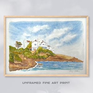 Küsten Kunst Kunstdruck – Spanien Strand Wanddekoration – Signiertes Giclée Aquarell Poster – Sitges A4 A5 Reisedruck