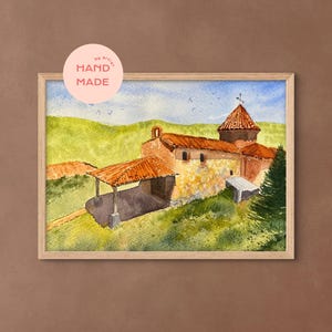 Original Watercolor Landscape Art – Spanish Village Church Painting – A5 Signed Artwork