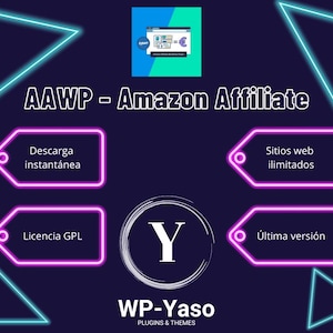 May include: A dark blue graphic with neon blue and pink accents. The text reads "AAWP - Amazon Affiliate" with icons and text in Spanish. The WP-Yaso logo is at the bottom.