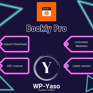 May include: A digital graphic with the words "Bookly Pro" in white, set against a dark blue background. The image includes neon-style shapes and text labels such as "Instant Download" and "Unlimited Websites."