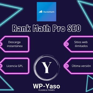 Puede incluir: Un anuncio digital de Rank Math Pro SEO, con un fondo azul oscuro y formas geométricas de neón azul y rosa. El texto incluye "Rank Math Pro SEO", "Descarga instantánea", "Sitios web ilimitados", "Licencia GPL" y "Última versión".