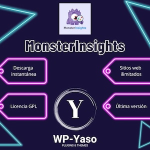Peut inclure: Graphique bleu foncé avec le texte "MonsterInsights" en blanc. L'image comprend un logo de monstre violet, des formes géométriques rose fluo et bleu, et du texte en espagnol. Le texte "WP-Yaso PLUGINS & THEMES" est également inclus.