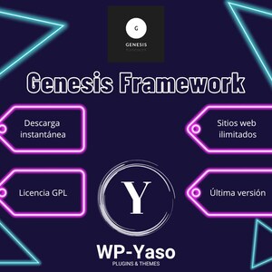 May include: A dark blue graphic with the text "Genesis Framework" in white. The image includes neon pink and blue geometric shapes and text boxes with Spanish text. The WP-Yaso logo is at the bottom.