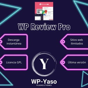 May include: A dark blue graphic with neon blue and pink geometric shapes. The text "WP Review Pro" is displayed in white. Other text includes "Descarga instantánea", "Sitios web ilimitados", "Licencia GPL", and "Última versión". The WP-Yaso logo is also visible.