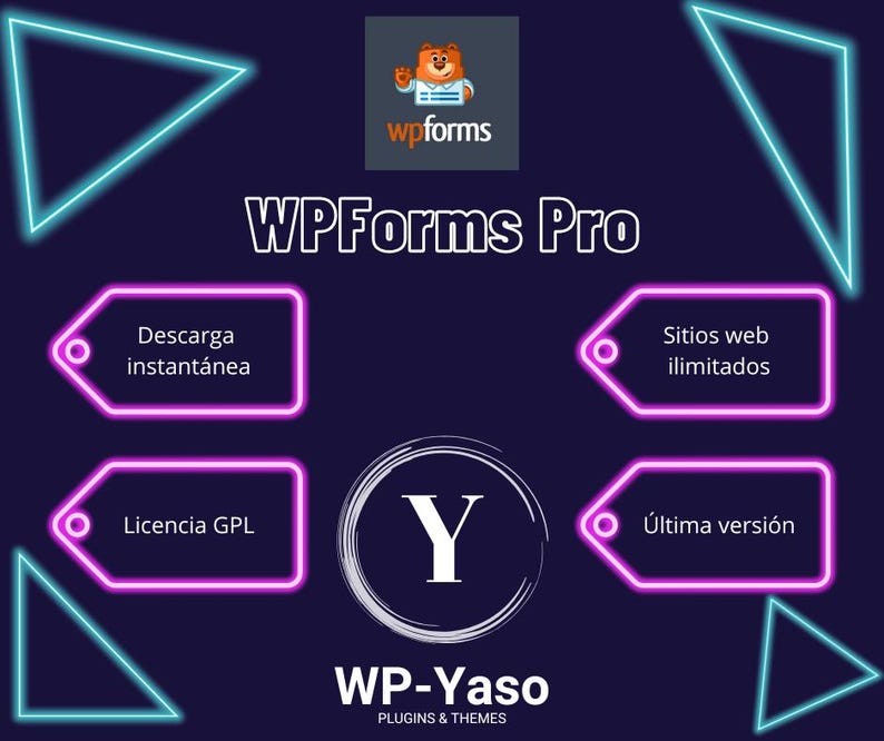 Peut inclure: Publicit&eacute; num&eacute;rique pour WPForms Pro, avec un logo d'ours et du texte au n&eacute;on. L'image comprend le texte "Descarga instant&aacute;nea", "Sitios web ilimitados", "Licencia GPL" et "&Uacute;ltima versi&oacute;n". Le logo WP-Yaso est &eacute;galement pr&eacute;sent.