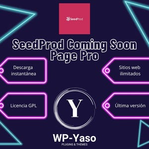 May include: A dark blue promotional graphic with the SeedProd logo and the text "SeedProd Coming Soon Page Pro." Neon pink and blue shapes and text boxes in Spanish highlight features such as "instant download" and "unlimited websites."