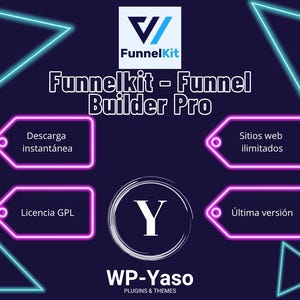 以下が含まれることがあります： FunnelKitのロゴとテキストが入った濃い青色のグラフィック。テキストは「Funnelkit - Funnel Builder Pro」と表示されています。追加のテキストには、「Descarga instantánea」、「Sitios web ilimitados」、「Licencia GPL」、「Última versión」が含まれています。WP-Yasoのロゴも表示されています。