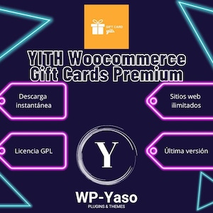Peut inclure: Graphique promotionnel pour YITH WooCommerce Gift Cards Premium. Le design présente des formes géométriques bleu néon et violet sur un fond bleu foncé. Le texte comprend "Gift Card", "YITH WooCommerce Gift Cards Premium" et diverses étiquettes de fonctionnalités.