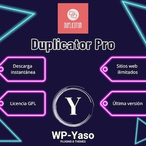 Könnte beinhalten: Eine digitale Grafik mit dem Text "Duplicator Pro" in Weiß. Das Bild enthält neonblaue und rosa geometrische Formen und Textfelder mit spanischem Text. Das WP-Yaso-Logo befindet sich unten.
