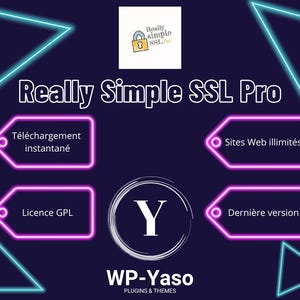 Pode incluir: Um gr&aacute;fico roxo escuro com o texto Really Simple SSL Pro e WP-Yaso Plugins & Themes. Inclui quatro etiquetas com contornos de n&eacute;on e texto em franc&ecirc;s, um log&oacute;tipo Y branco central num c&iacute;rculo e tri&acirc;ngulos azul n&eacute;on nos cantos.