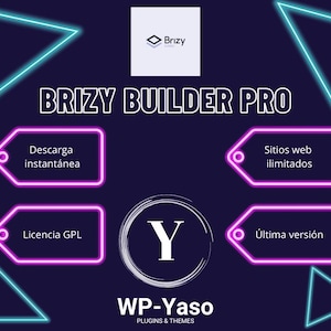 以下が含まれることがあります： 白い文字で「BRIZY BUILDER PRO」と書かれた濃い青色のグラフィック。画像には、ネオンピンクとブルーの幾何学的な図形と、スペイン語のテキスト「Descarga instantánea」、「Sitios web ilimitados」、「Licencia GPL」、「Última versión」が含まれています。