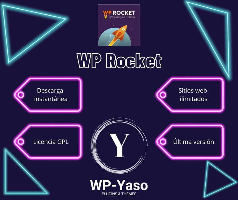 Pu&ograve; includere: Grafica blu scuro con accenti blu neon e rosa. Il testo "WP Rocket" &egrave; visualizzato in modo prominente, insieme ai loghi di WP Rocket e WP-Yaso. Il testo aggiuntivo include "Descarga instant&aacute;nea", "Sitios web ilimitados", "Licencia GPL" e "&Uacute;ltima versi&oacute;n".