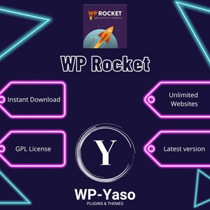 Pu&ograve; includere: Grafica digitale con il testo "WP Rocket" e un'icona a forma di razzo. L'immagine include anche il testo "Download istantaneo", "Siti Web illimitati", "Licenza GPL" e "Ultima versione". &Egrave; presente anche il logo di "WP-Yaso Plugins & Themes".