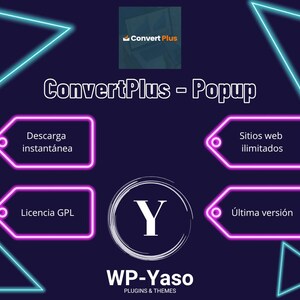 May include: A dark blue graphic with neon blue and pink accents. The image features the text "ConvertPlus - Popup" and icons with text in Spanish. The WP-Yaso logo is at the bottom.