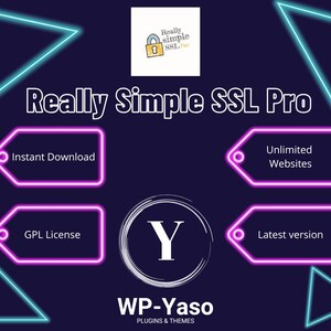 Pode incluir: Um gr&aacute;fico digital roxo escuro para Really Simple SSL Pro com um log&oacute;tipo branco de um cadeado, caixas de texto com contorno rosa n&eacute;on e tri&acirc;ngulos ciano. O texto inclui Instant Download, Unlimited Websites, GPL License e Latest version.
