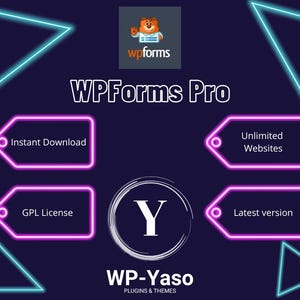 Peut inclure: Publicit&eacute; num&eacute;rique pour WPForms Pro, avec une mascotte d'ours et des accents n&eacute;on. Le texte comprend "T&eacute;l&eacute;chargement instantan&eacute;", "Sites Web illimit&eacute;s", "Licence GPL" et "Derni&egrave;re version". Le logo WP-Yaso est &eacute;galement pr&eacute;sent.